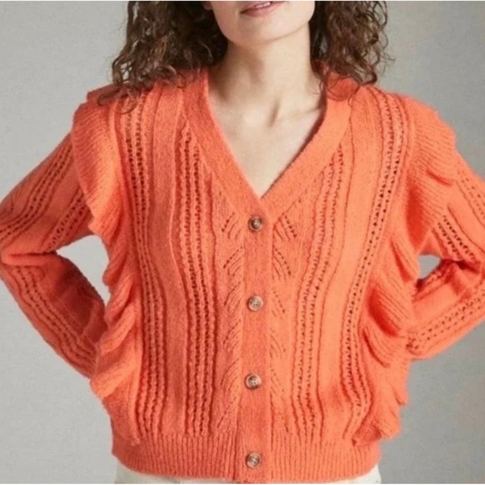 Anthropologie Cardigan Ruffled Pointelle Cable Knit Orange Size XS